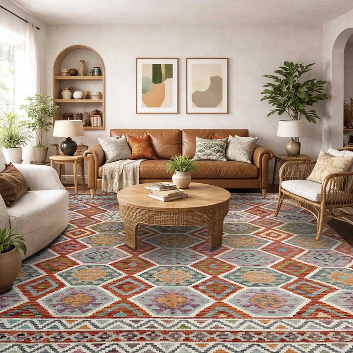 Afghan Vegetable Kilim Rug 8' 5" x 9' 9" Flat-Weave | No. AL85763