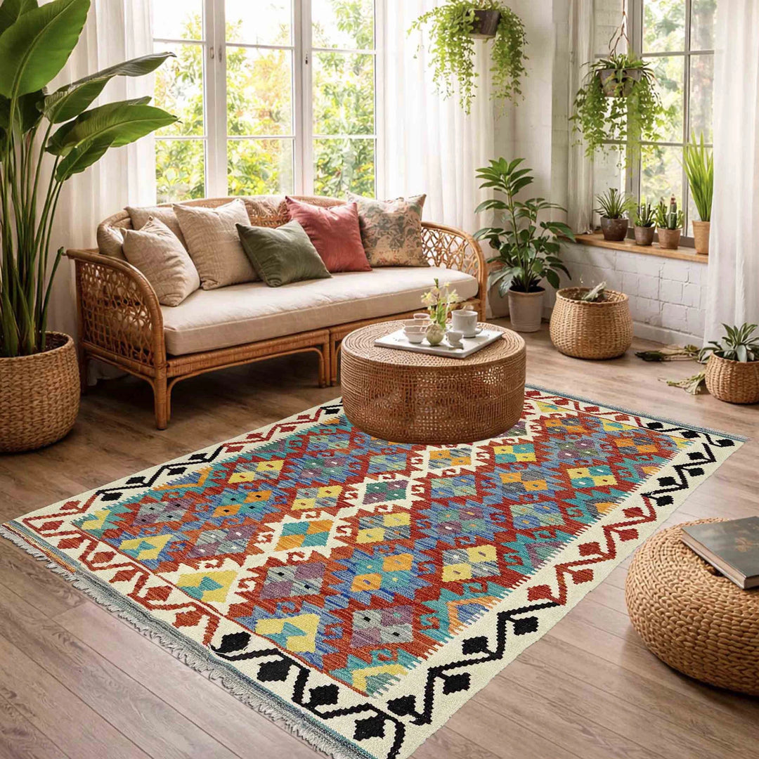 Multicolor Afghan Vegetable Kilim Rug 4' 3" x 6' 3" Flat-Weave | No. AL85909