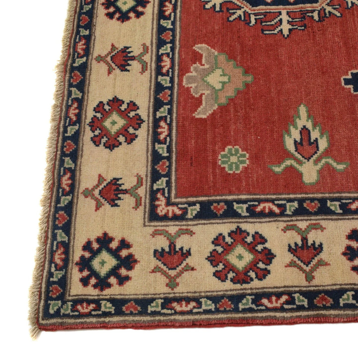 Red Afghan Kazak Rug 4' 10" x 6' 6" Hand-Knotted | No. AL86047