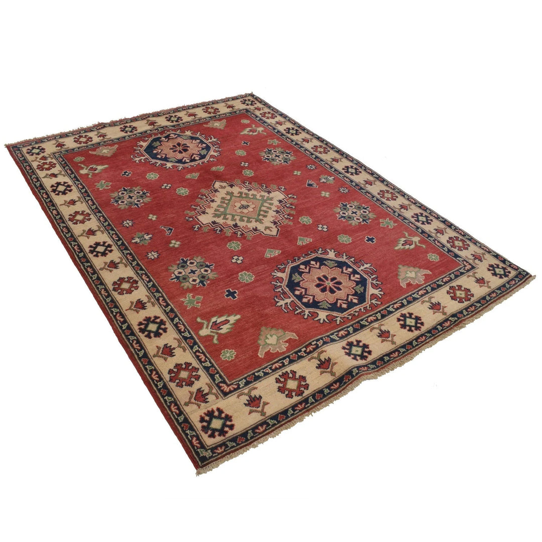 Red Afghan Kazak Rug 4' 10" x 6' 6" Hand-Knotted | No. AL86047