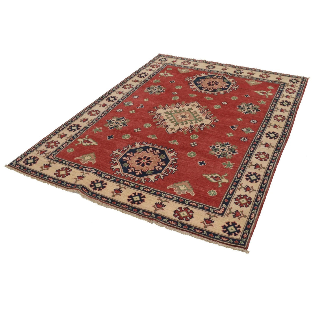 Red Afghan Kazak Rug 4' 10" x 6' 6" Hand-Knotted | No. AL86047