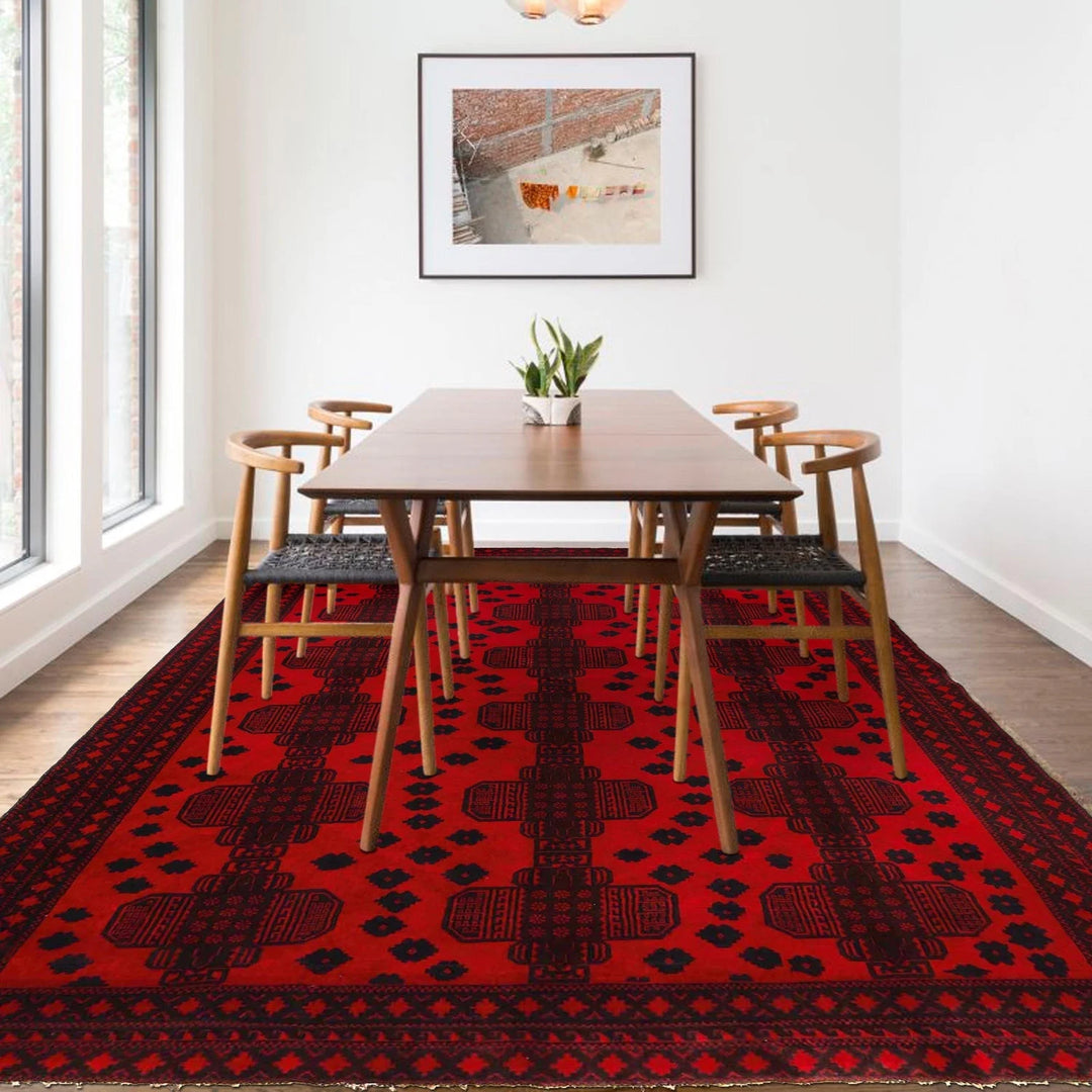 Deep Red Afghan Baluchi Rug 6'10" x 9'4" Hand-Knotted | No. AL86098