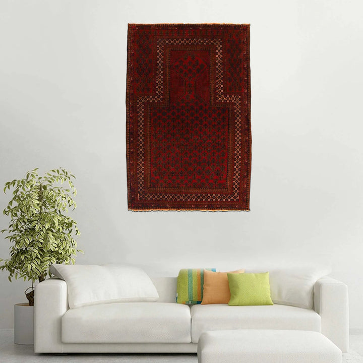 Red Afghan Prayer Rug 3' 1" x 4' 8" Hand-Knotted | No. AL86102