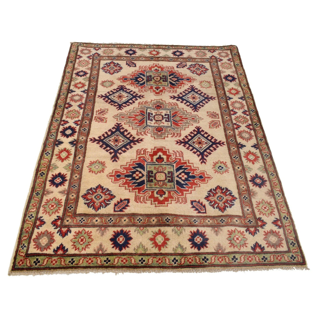 Ivory Afghan Kazak Rug 3' 5" x 4' 10" Hand-Knotted | No. AL86135