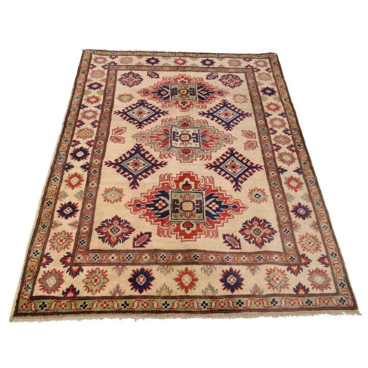 Ivory Afghan Kazak Rug 3' 5" x 4' 10" Hand-Knotted | No. AL86135