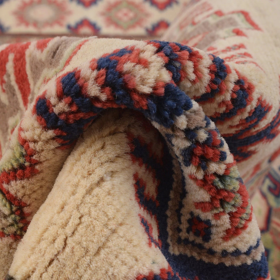 Ivory Afghan Kazak Rug 3' 5" x 4' 10" Hand-Knotted | No. AL86135