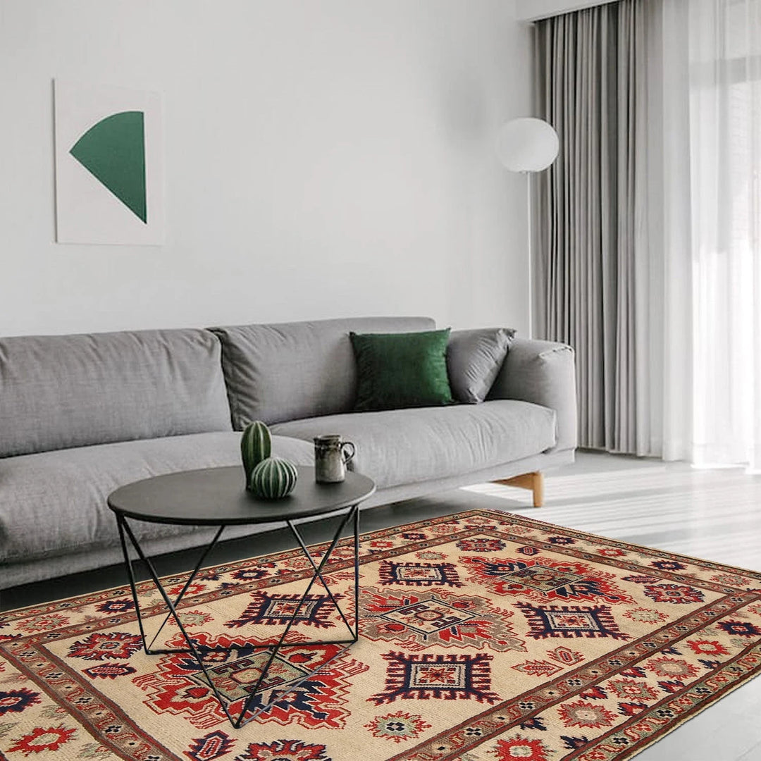Ivory Afghan Kazak Rug 3' 5" x 4' 10" Hand-Knotted | No. AL86135