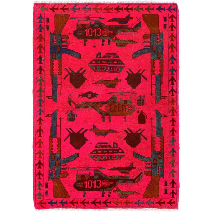 Pink Afghan War Rug 3' 5" x 4' 10" Hand-Knotted | No. AL86243