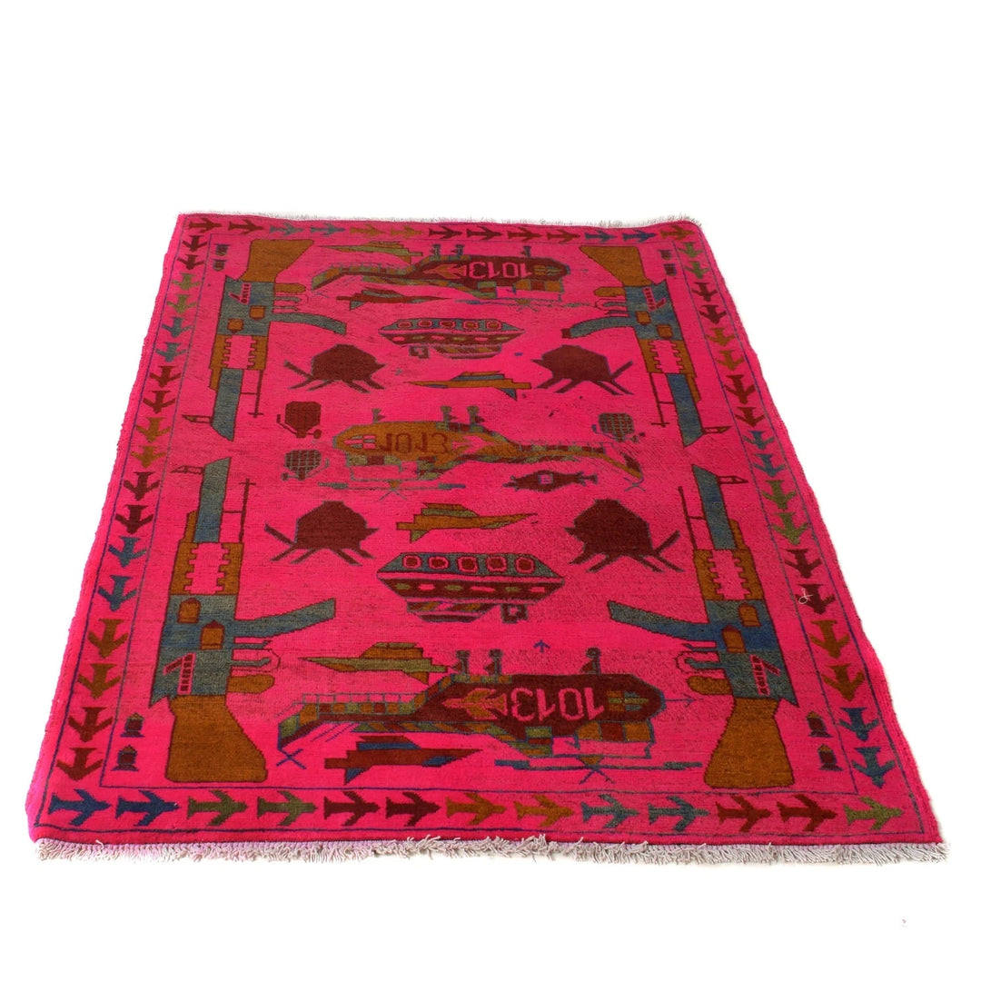 Pink Afghan War Rug 3' 5" x 4' 10" Hand-Knotted | No. AL86243