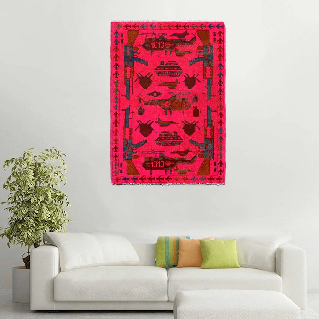 Pink Afghan War Rug 3' 5" x 4' 10" Hand-Knotted | No. AL86243