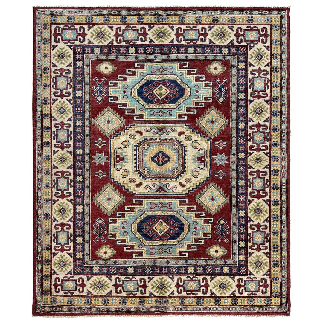 Red Afghan Kazak Rug 5' 0" x 6' 6" Hand-Knotted | No. AL86260