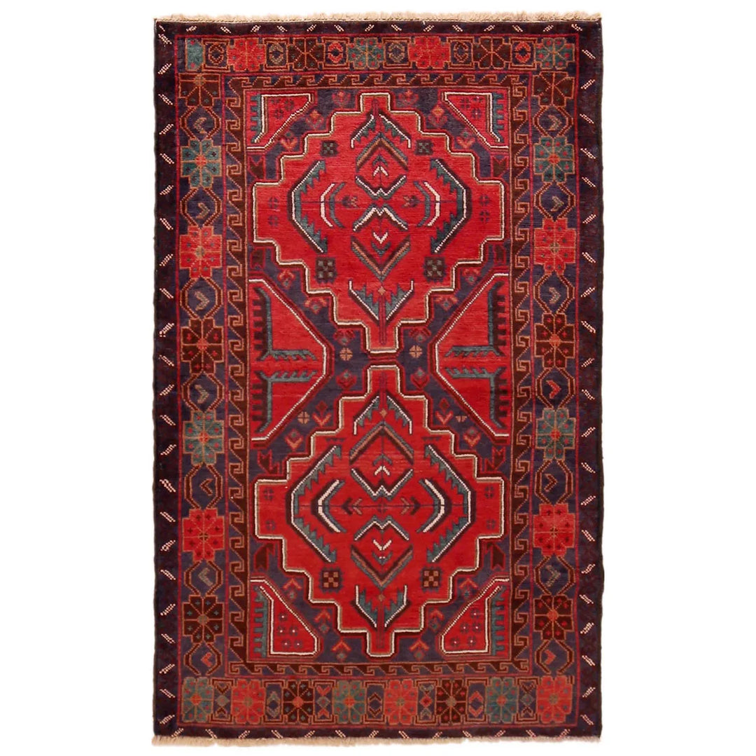 Red Afghan Baluchi Rug 3' 0" x 4' 10" Hand-Knotted | No. AL86315