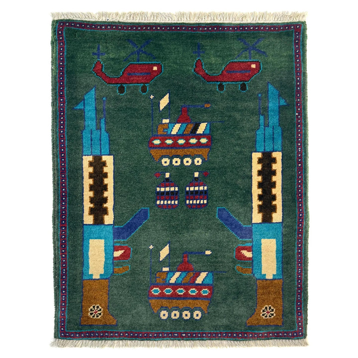 Green Afghan War Rug 2' 0" x 2' 11" Hand-Knotted | No. AL86323