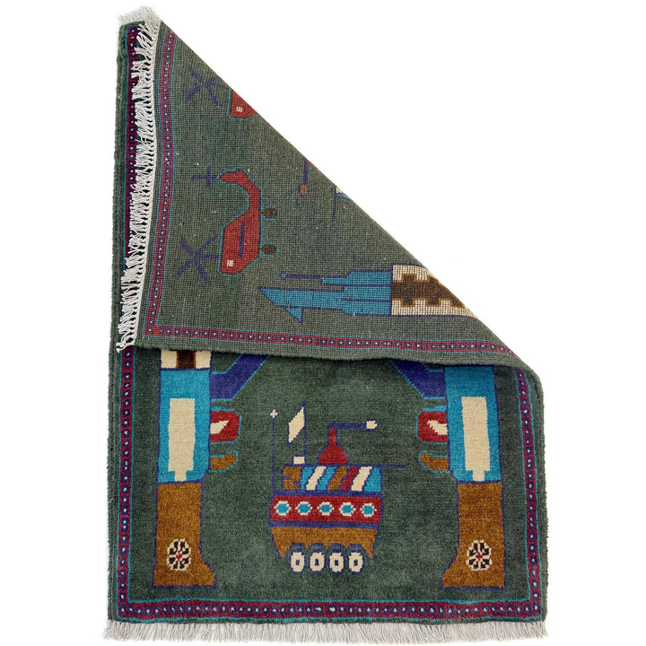 Green Afghan War Rug 2' 0" x 2' 11" Hand-Knotted | No. AL86323