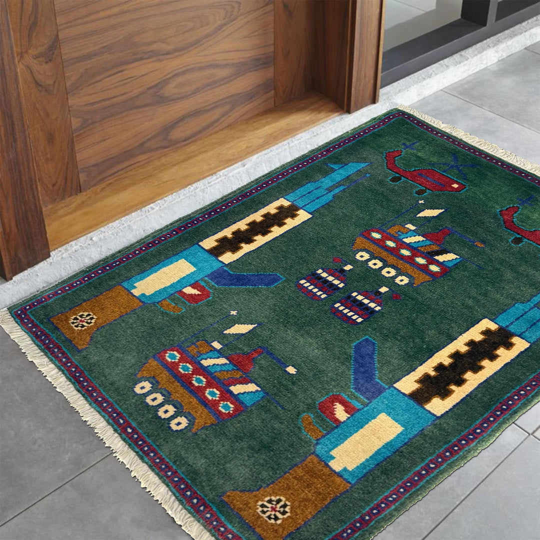 Green Afghan War Rug 2' 0" x 2' 11" Hand-Knotted | No. AL86323