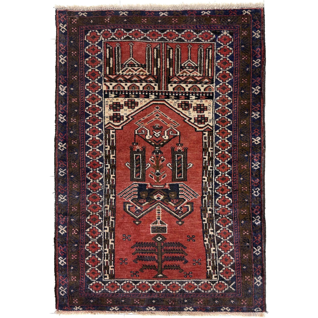 Red Afghan Prayer Rug Rug 2' 10" x 4' 3" Hand-Knotted | No. AL86418