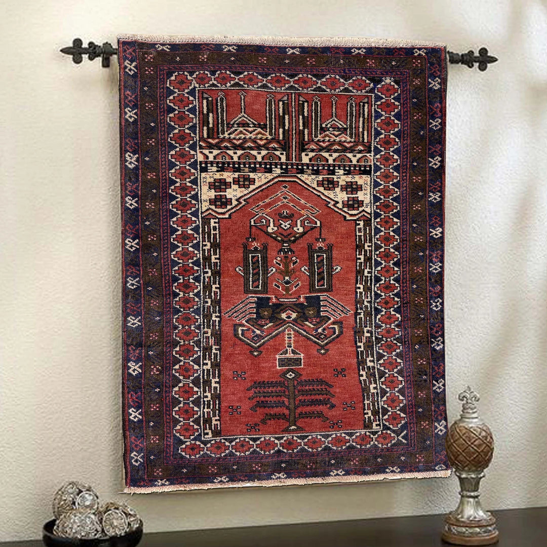 Red Afghan Prayer Rug Rug 2' 10" x 4' 3" Hand-Knotted | No. AL86418