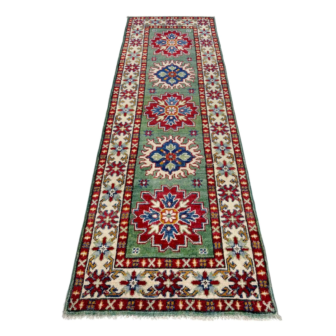 Green Afghan Kazak Rug 2' 0" x 6' 1" Hand-Knotted | No. AL86576