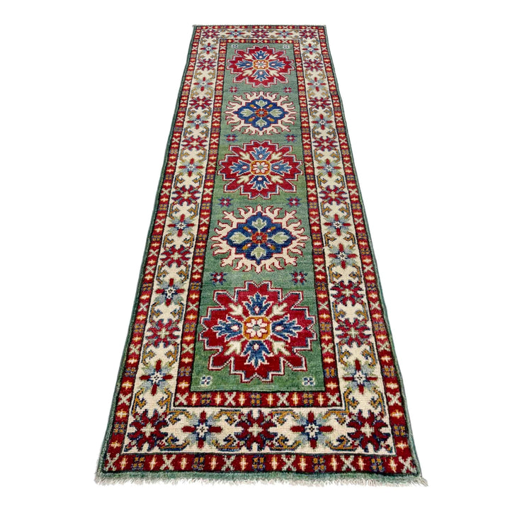 Green Afghan Kazak Rug 2' 0" x 6' 1" Hand-Knotted | No. AL86576