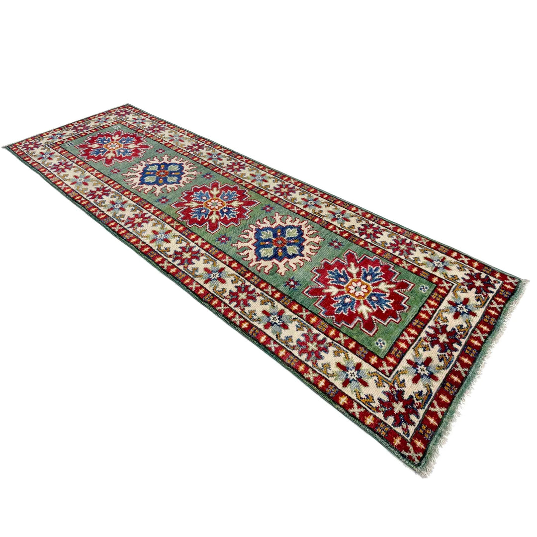 Green Afghan Kazak Rug 2' 0" x 6' 1" Hand-Knotted | No. AL86576