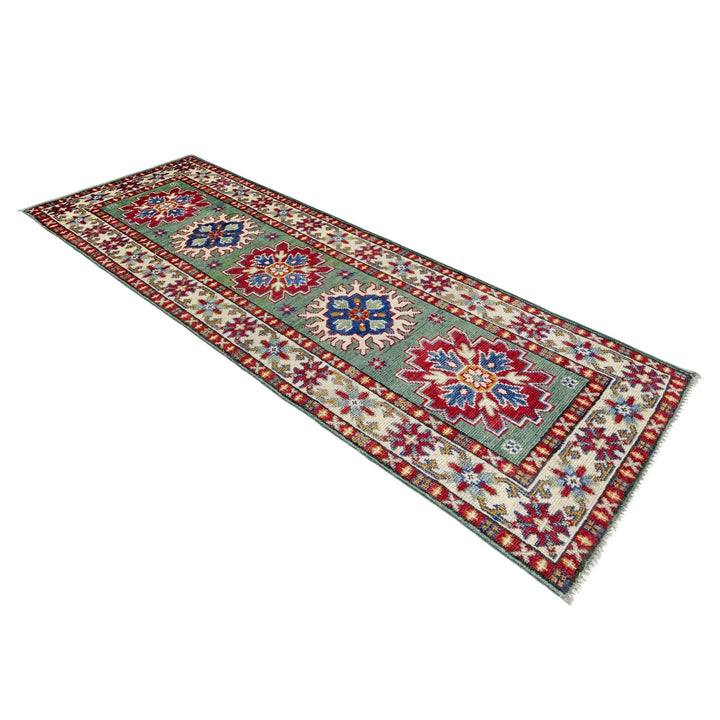 Green Afghan Kazak Rug 2' 0" x 6' 1" Hand-Knotted | No. AL86576