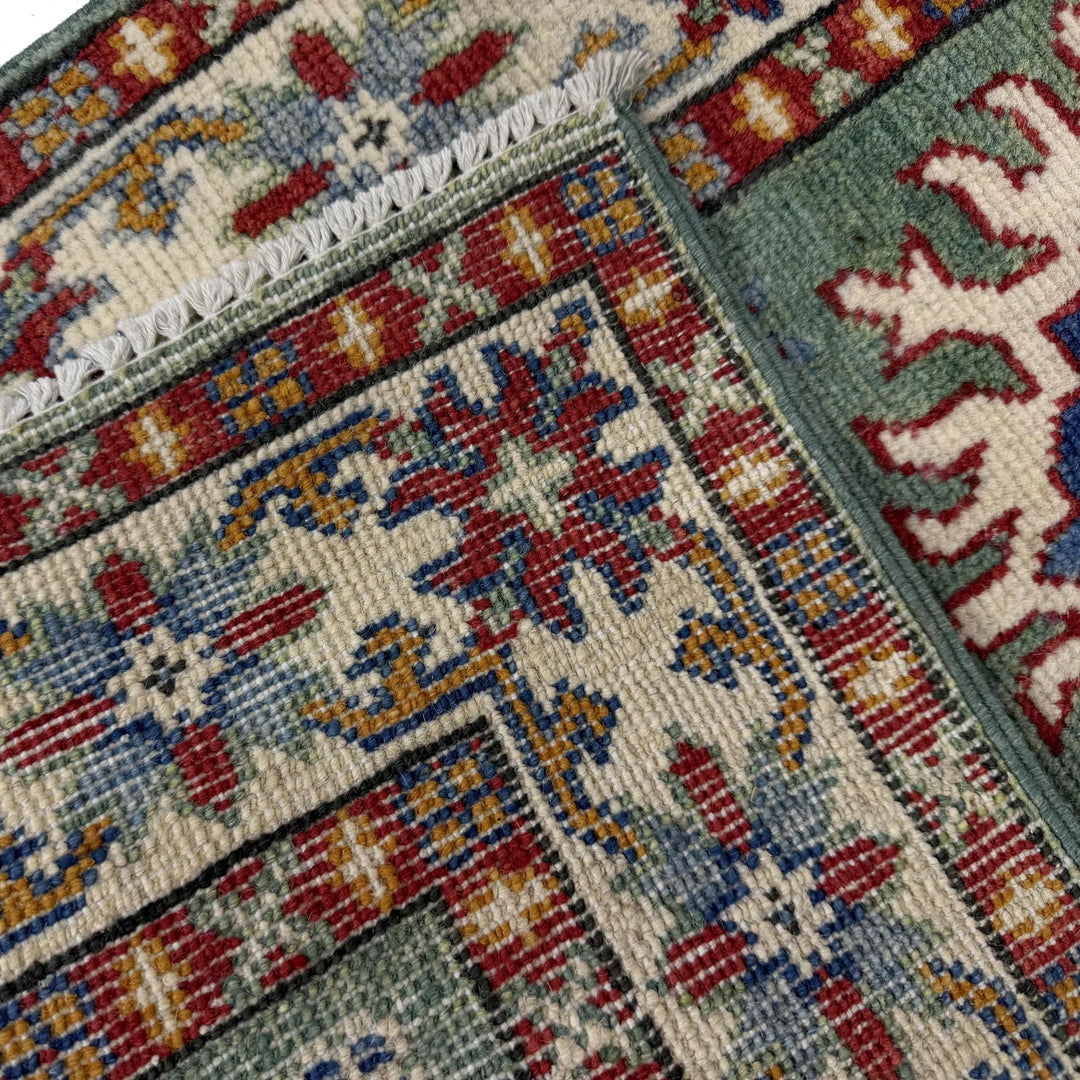 Green Afghan Kazak Rug 2' 0" x 6' 1" Hand-Knotted | No. AL86576