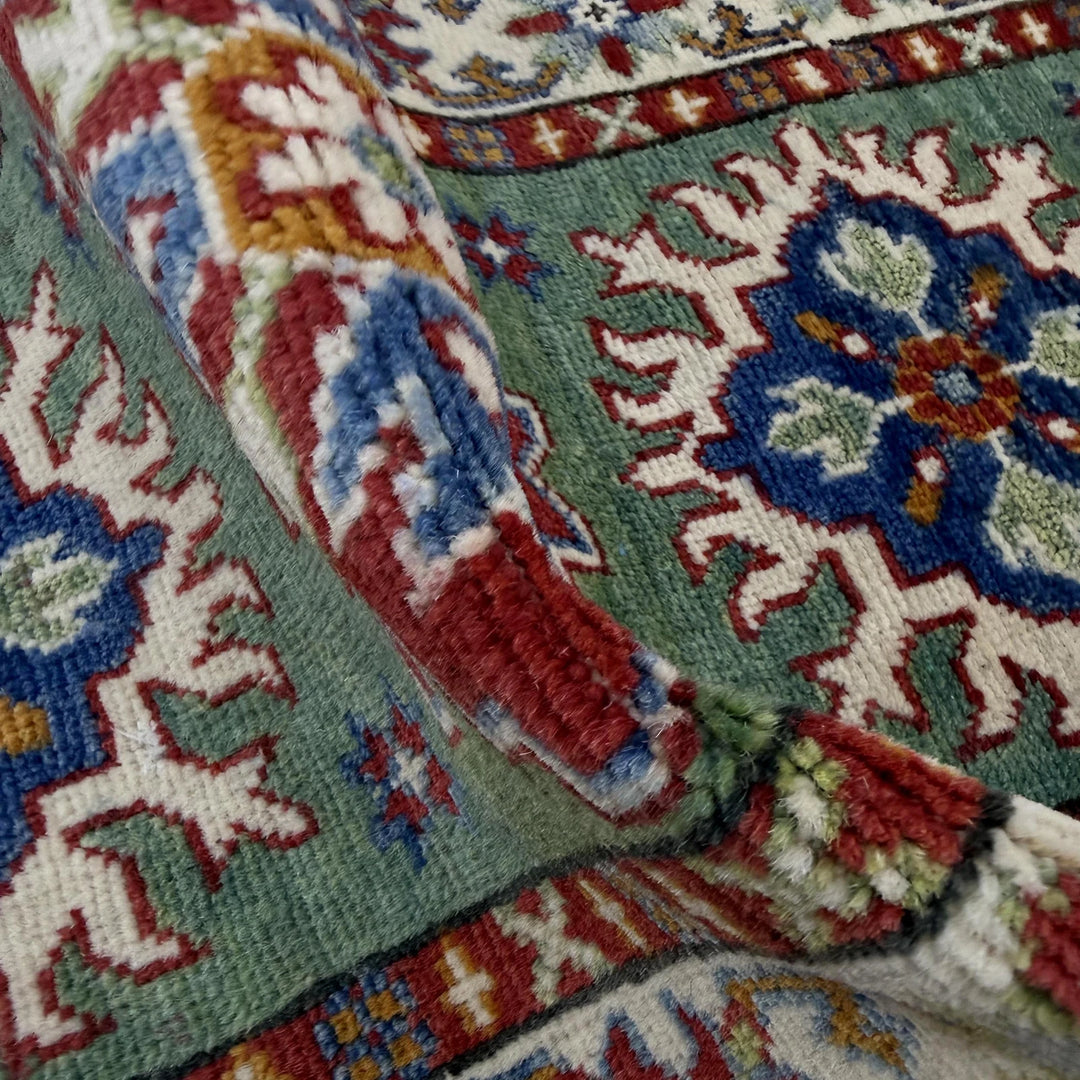 Green Afghan Kazak Rug 2' 0" x 6' 1" Hand-Knotted | No. AL86576