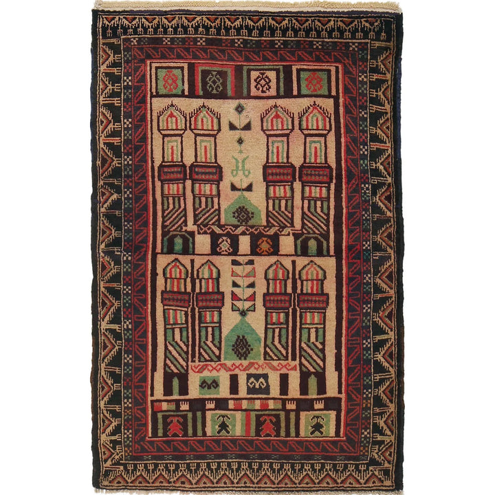 Beige Afghan Prayer Rug 3' 2" x 4' 9" Hand-Knotted | No. AL86633