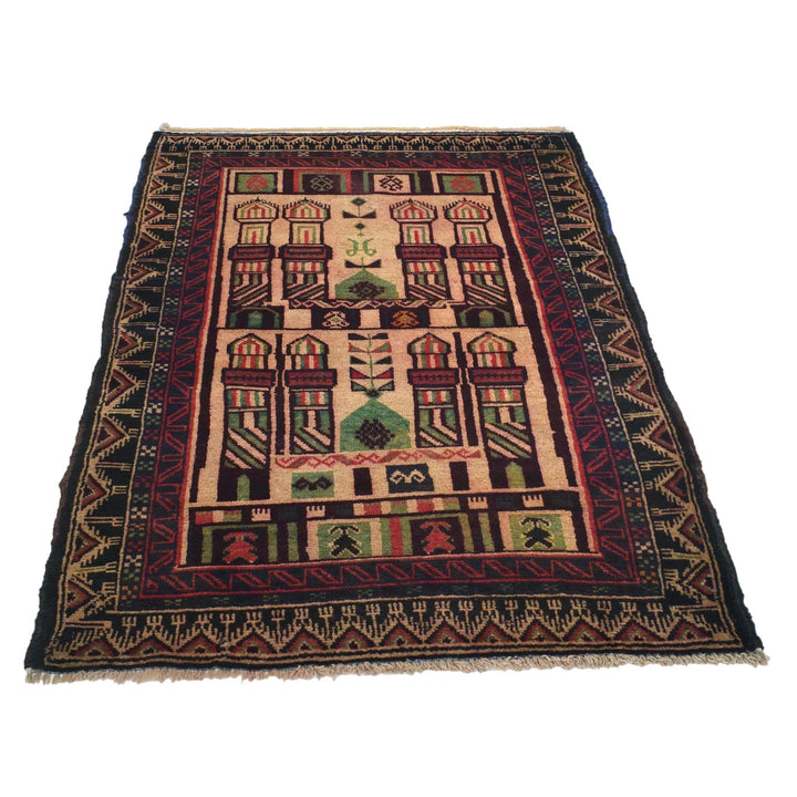 Beige Afghan Prayer Rug 3' 2" x 4' 9" Hand-Knotted | No. AL86633