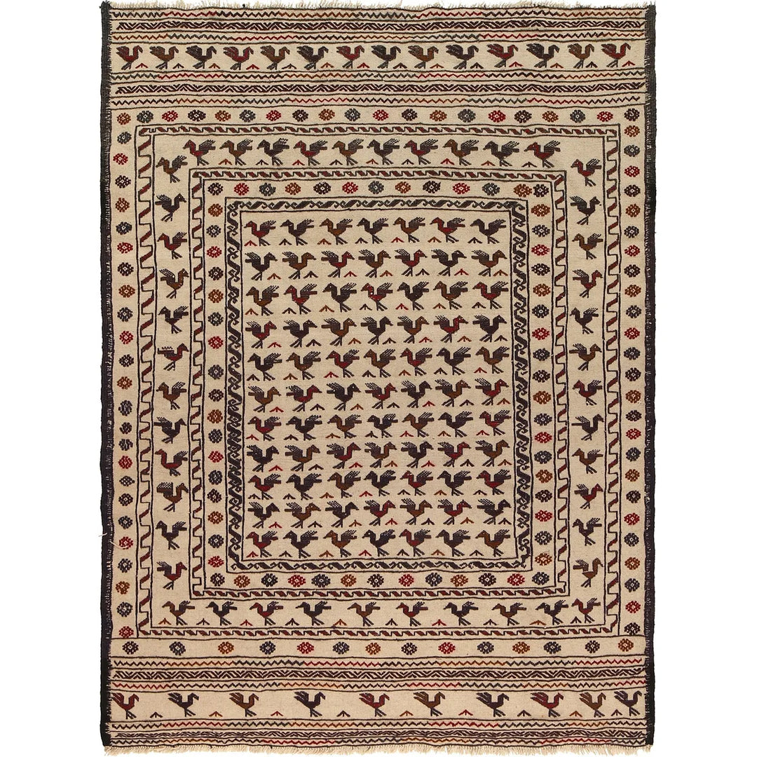 White Afghan Soumak Rug 4' 6" x 6' 1" Flat-Weave | No. AL86645