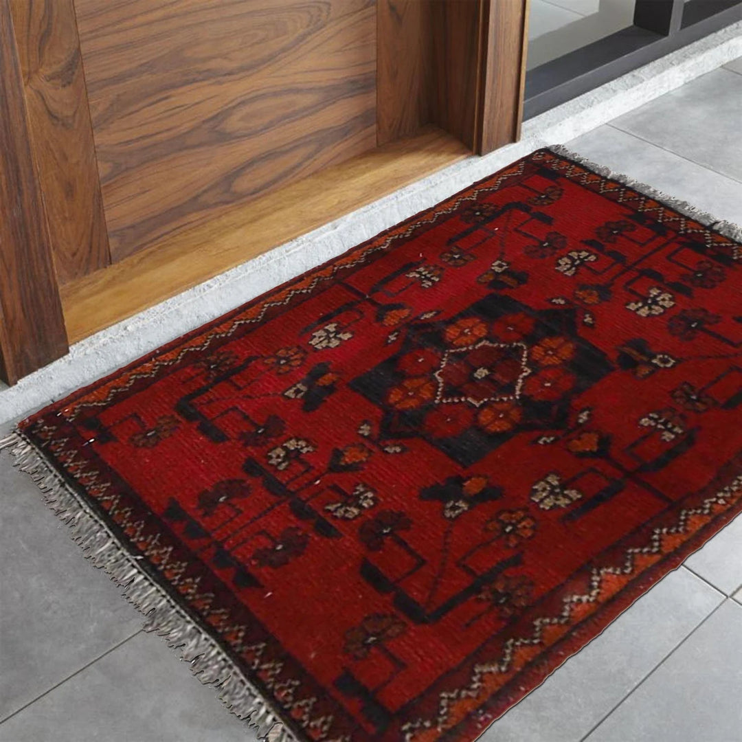 Red Afghan Oriental Doormat 1' 5" x 1' 11" Hand-Knotted | No. AL86829
