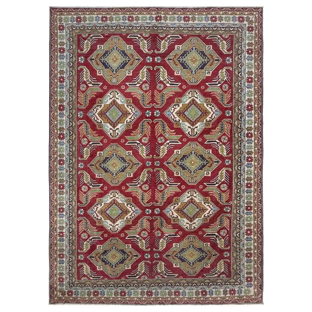 Red Afghan Kazak Rug 6' 4" x 9' 7" Hand-Knotted | No. AL86837