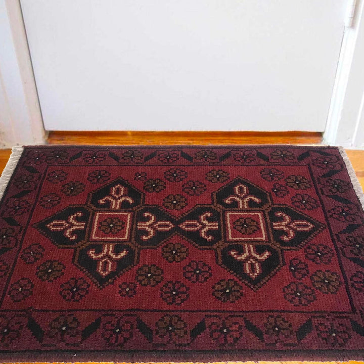 Red Afghan Oriental Doormat 1' 5" x 2' 1" Hand-Knotted | No. AL87019