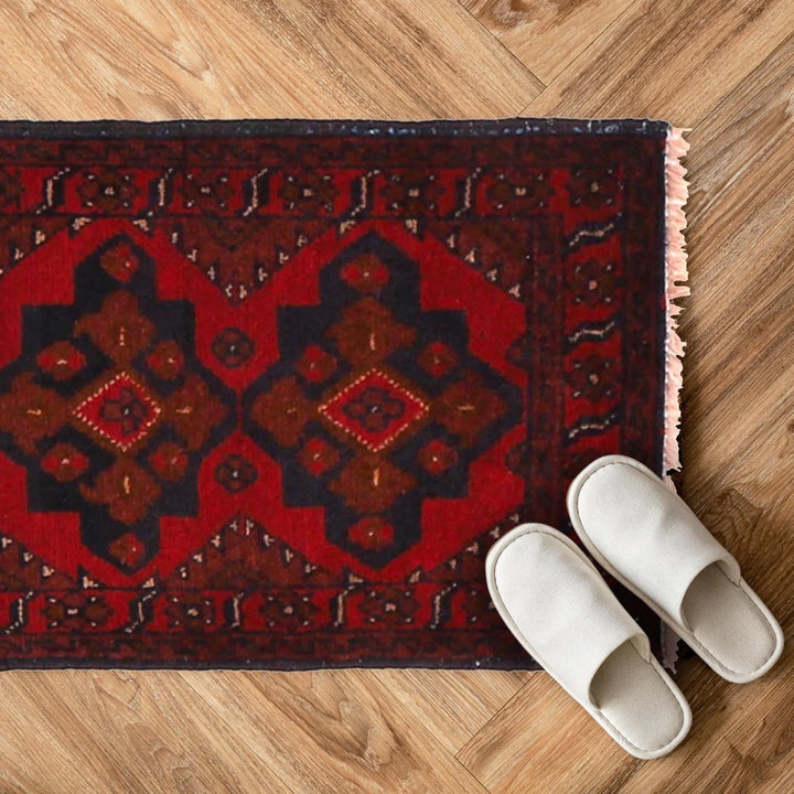 Red Afghan Oriental Doormat 1' 5" x 2' 2" Hand-Knotted | No. AL87126