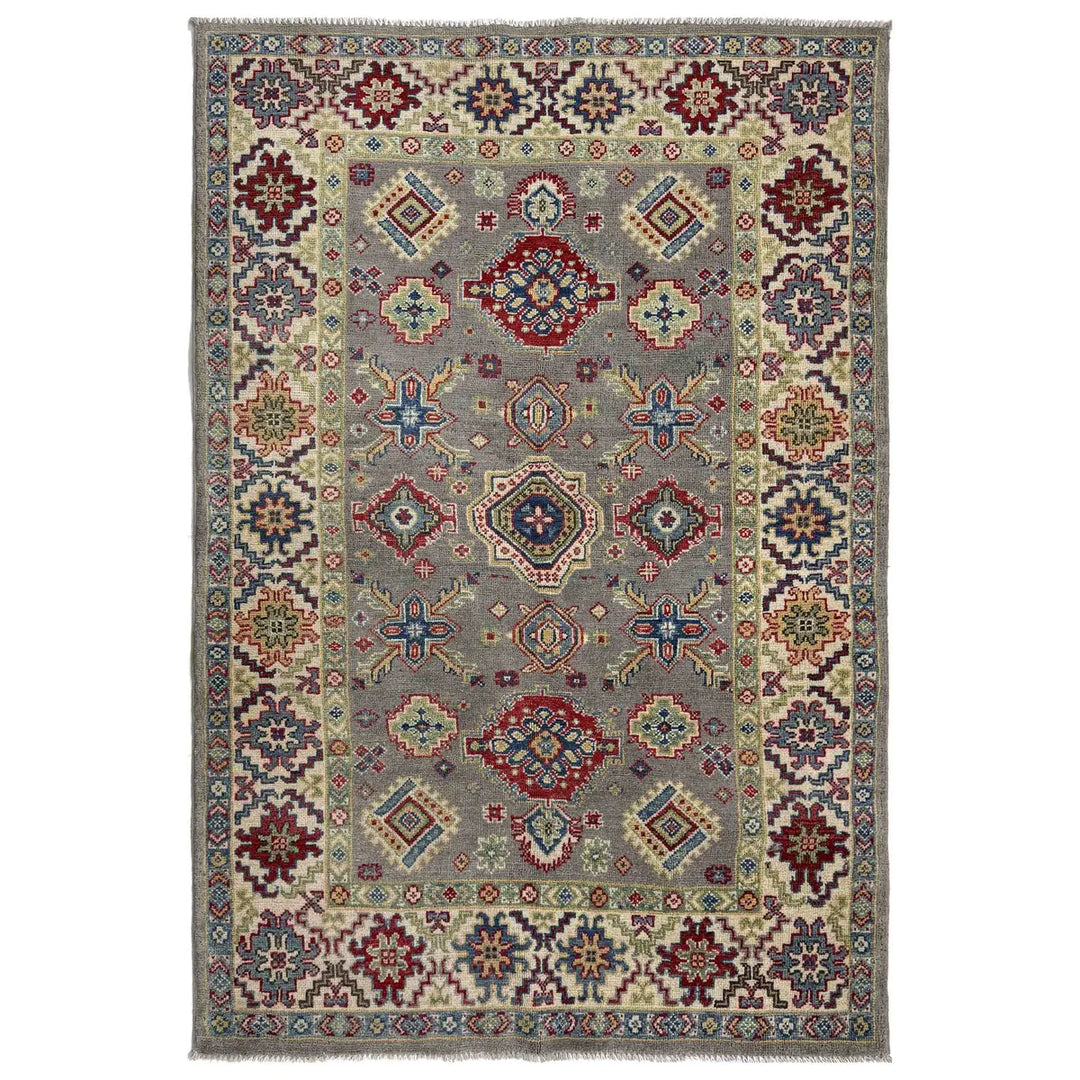 Gray Afghan Kazak Rug 3' 11" x 5' 10" Hand-Knotted | No. AL87156