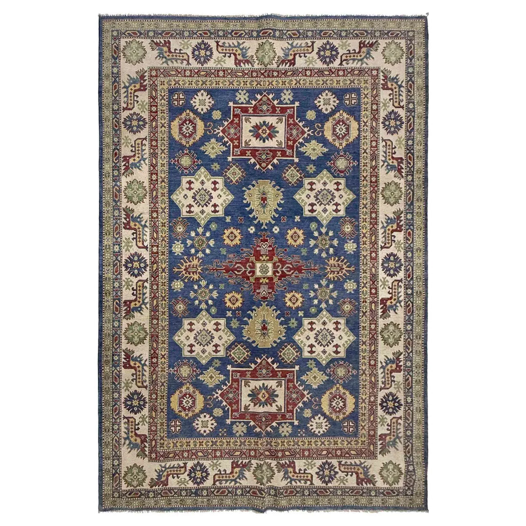 Blue Afghan Kazak Rug 6' 6" x 10' 4" Hand-Knotted | No. AL87493