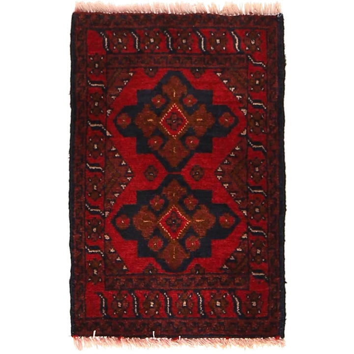 Red Afghan Oriental Doormat 1' 4" x 2' 1" Hand-Knotted | No. AL87670