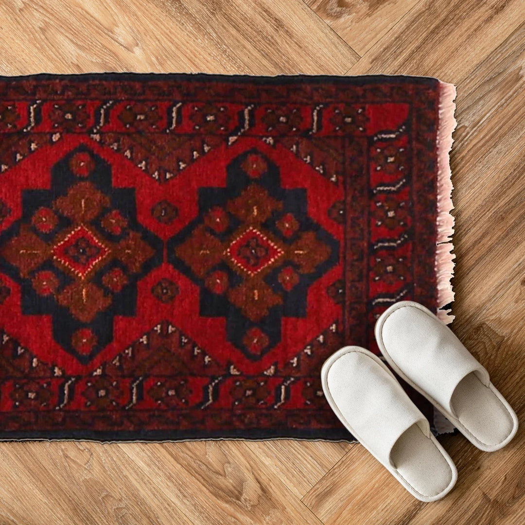 Red Afghan Oriental Doormat 1' 4" x 2' 1" Hand-Knotted | No. AL87670