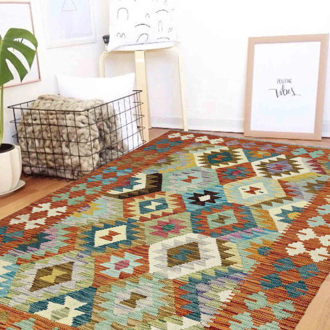 Multicolor Afghan Vegetable Kilim Rug 3' 11" x 6' 3" Flat-Weave | No. AL87788