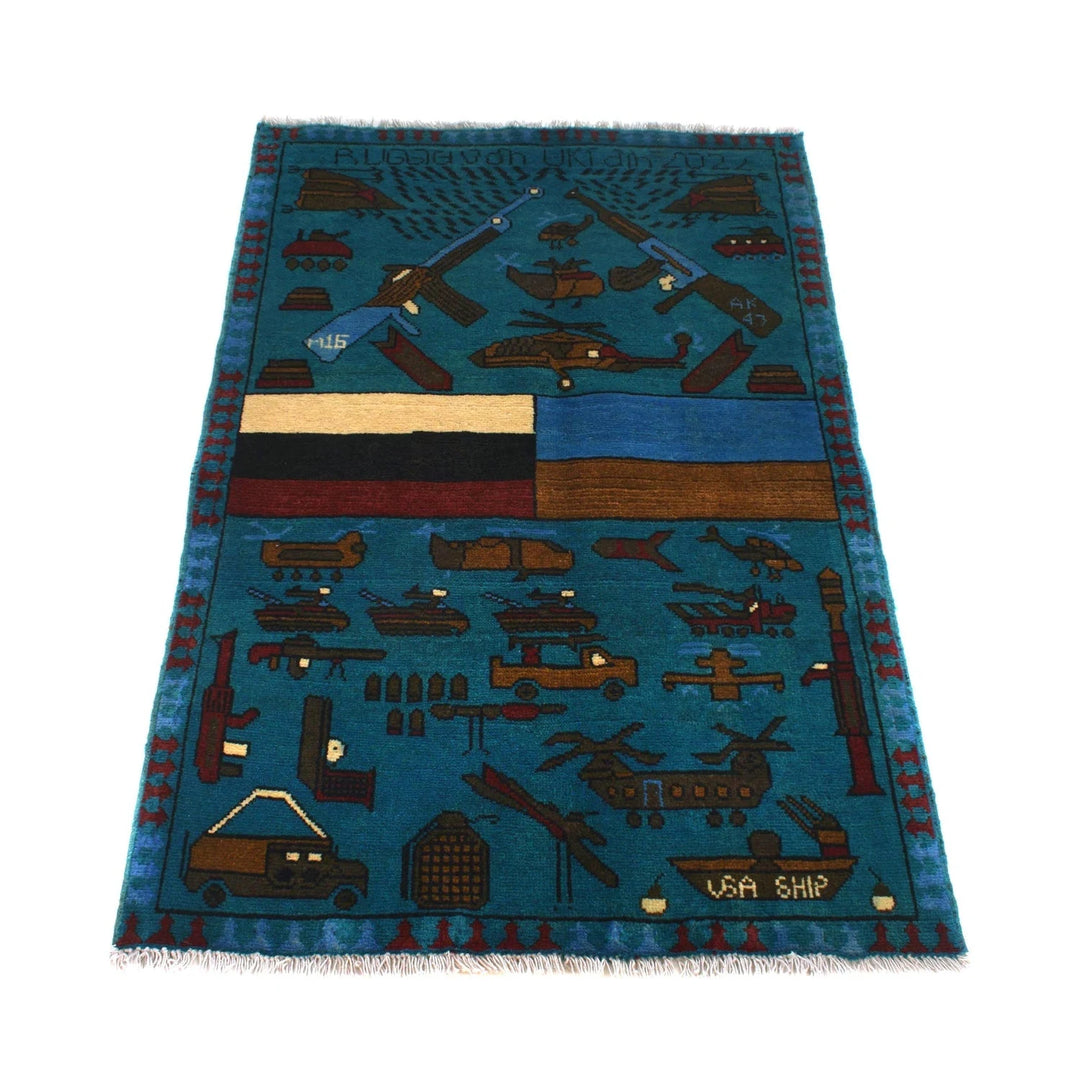 Blue Afghan War Rug 2' 7" x 3' 11" Hand-Knotted | No. AL87988