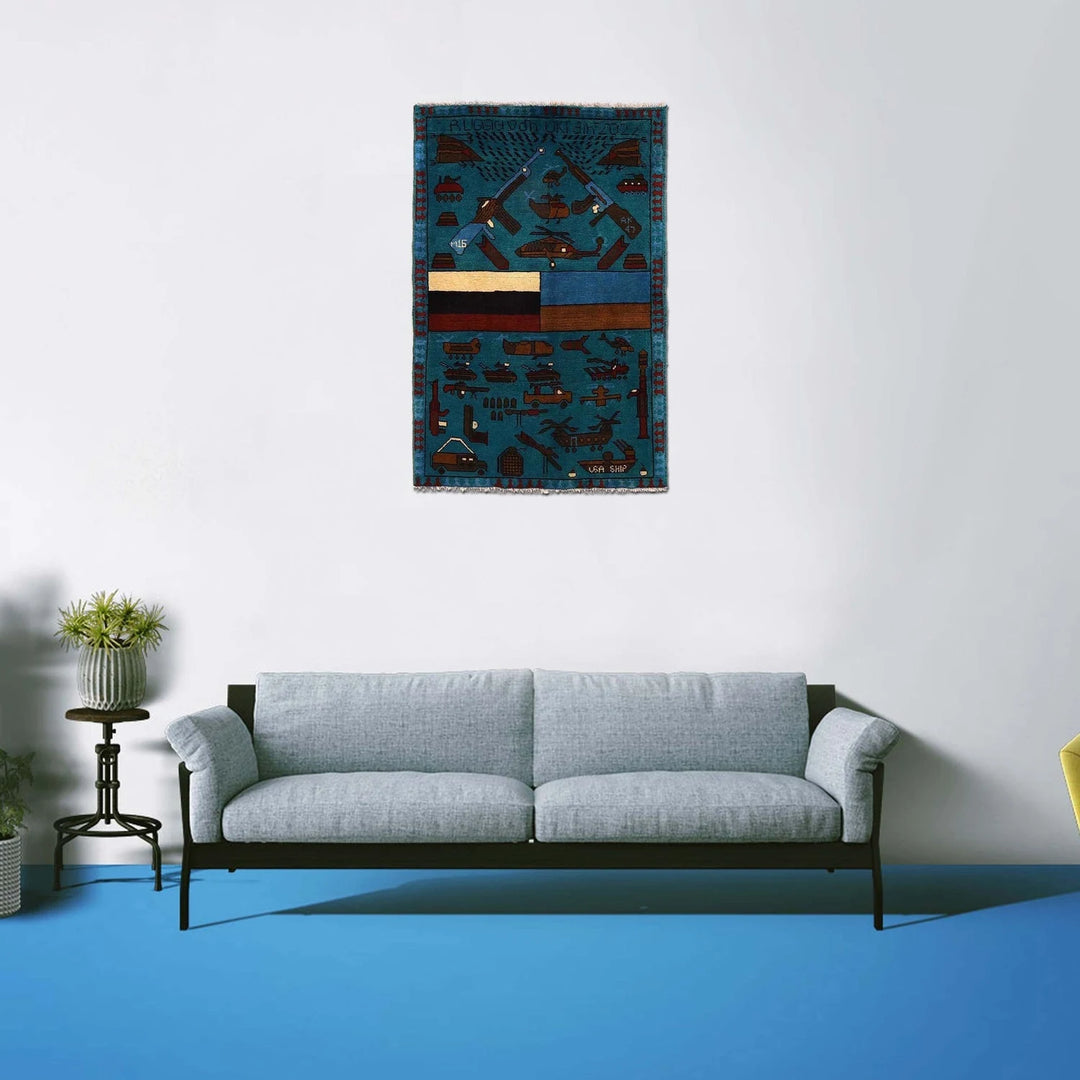 Blue Afghan War Rug 2' 7" x 3' 11" Hand-Knotted | No. AL87988