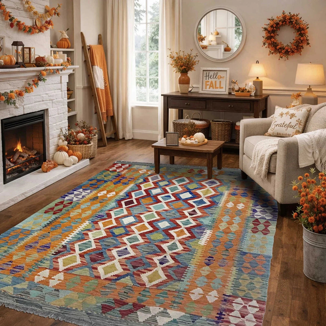 Afghan Vegetable Kilim Rug 4' 10" x 6' 8" Flat-Weave | No. AL880196