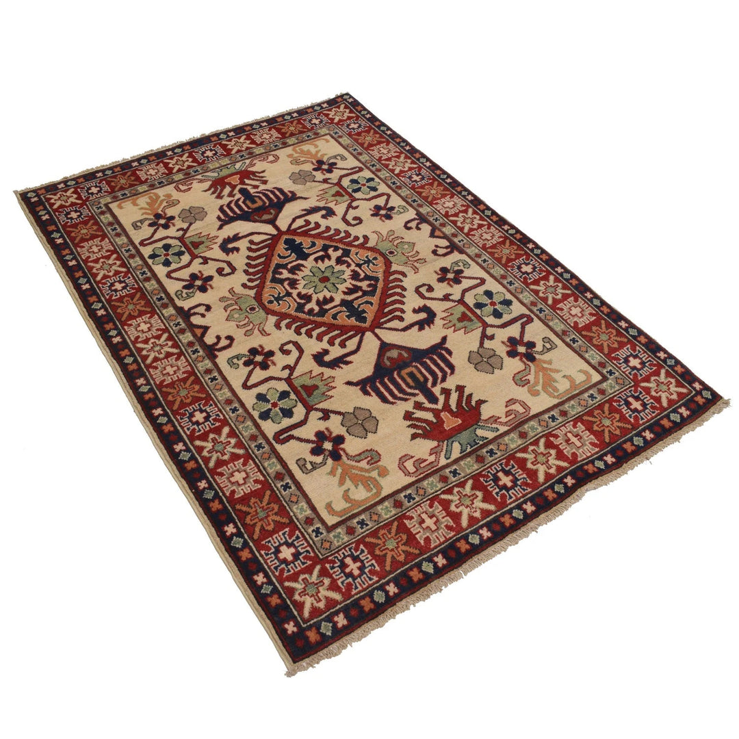 Ivory Afghan Kazak Rug 3'6" x 5'1" Hand-Knotted | No. AL88078
