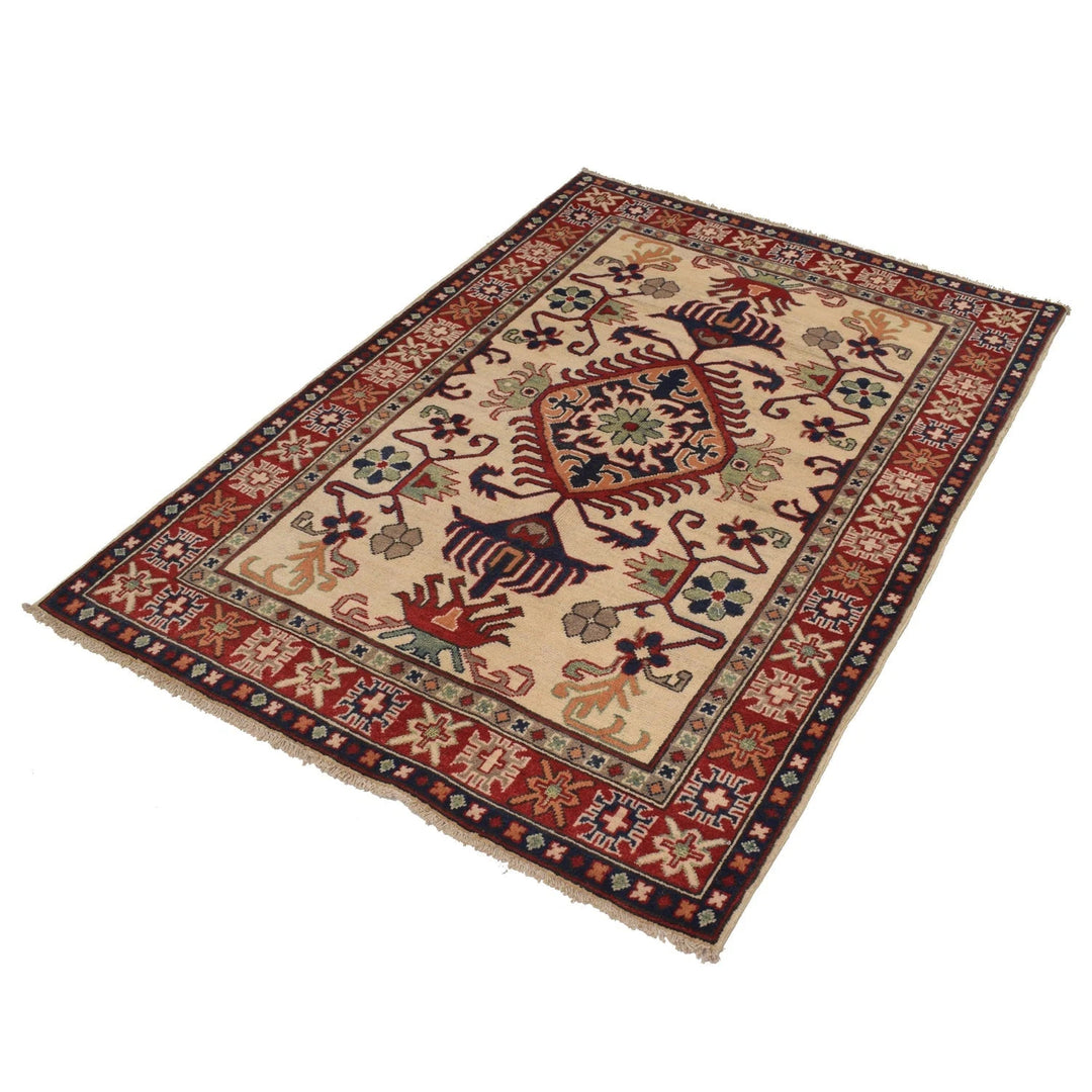 Ivory Afghan Kazak Rug 3'6" x 5'1" Hand-Knotted | No. AL88078