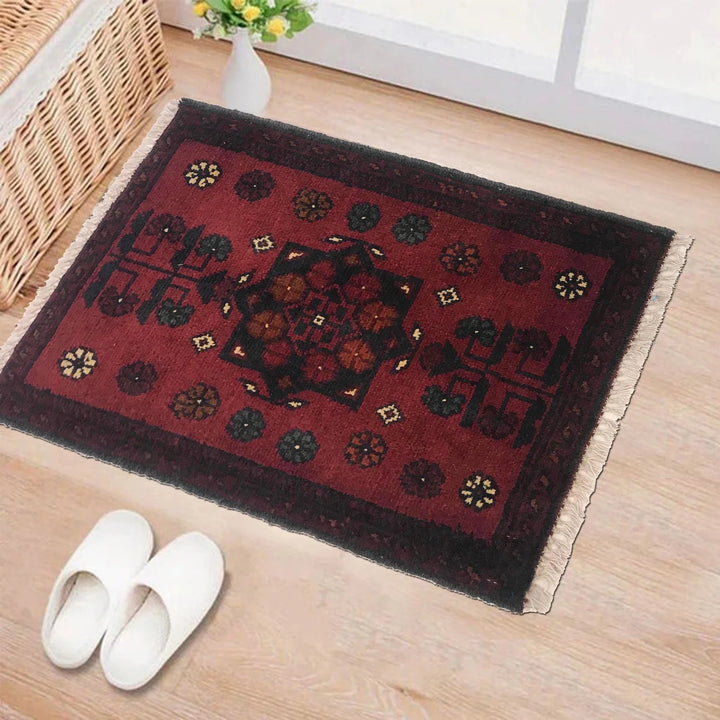 Red Afghan Oriental Doormat 1' 5" x 1' 11" Hand-Knotted | No. AL88091