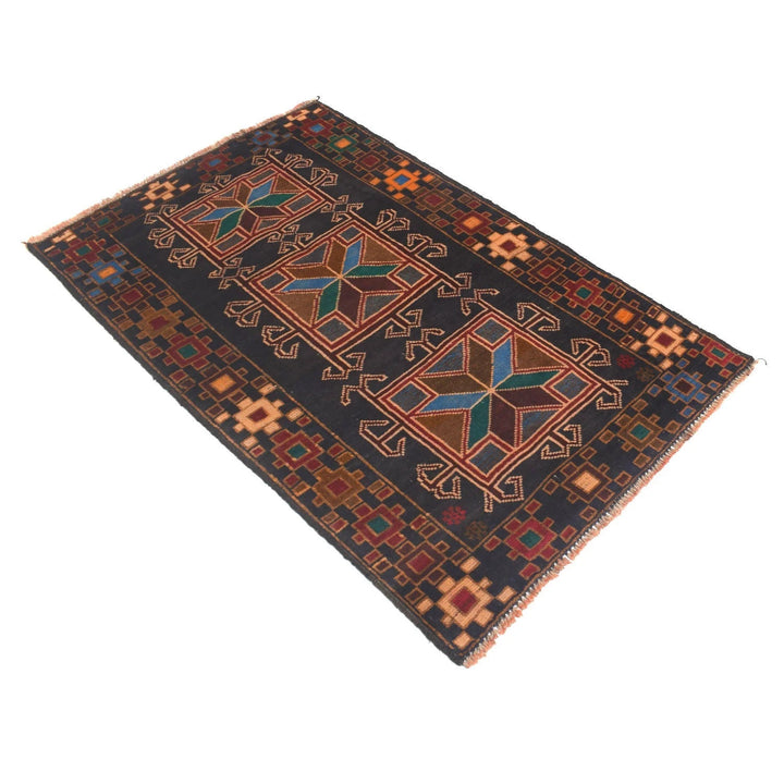 Black Afghan Baluchi Rug 2' 10" x 4' 8" Hand-Knotted | No. AL88136