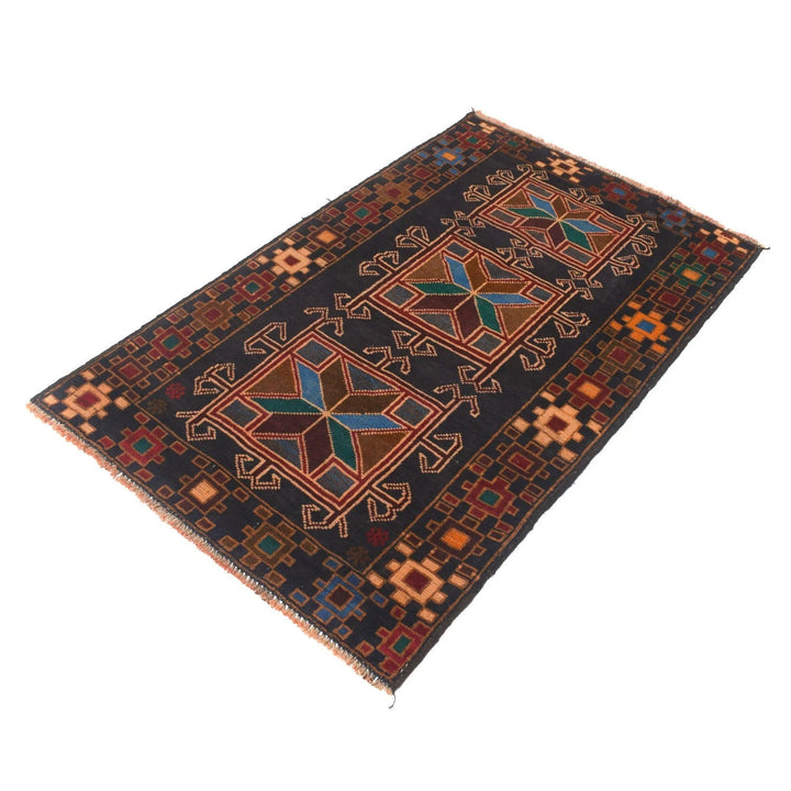 Black Afghan Baluchi Rug 2' 10" x 4' 8" Hand-Knotted | No. AL88136