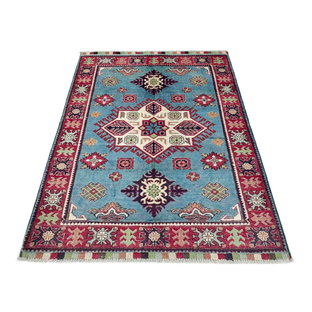 Blue Afghan Kazak Rug 3' 3" x 4' 8" Hand-Knotted | No. AL88151