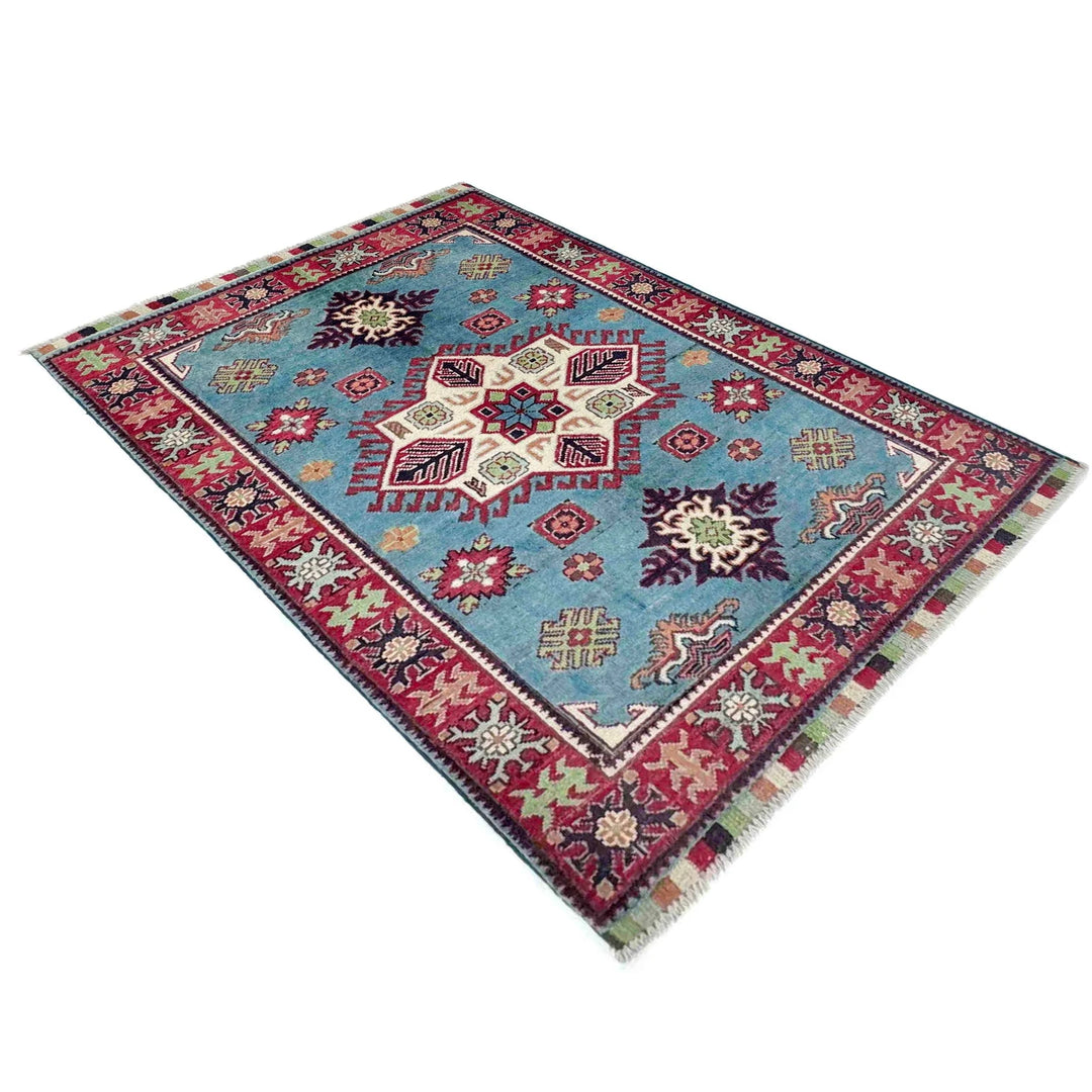 Blue Afghan Kazak Rug 3' 3" x 4' 8" Hand-Knotted | No. AL88151
