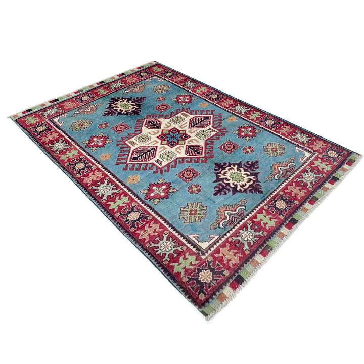 Blue Afghan Kazak Rug 3' 3" x 4' 8" Hand-Knotted | No. AL88151